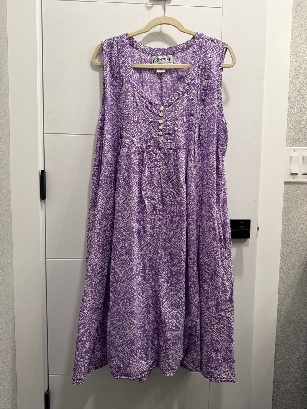 Expressions Woven Purple White Pattern Tank Dress Summer Sun Dress Size XL